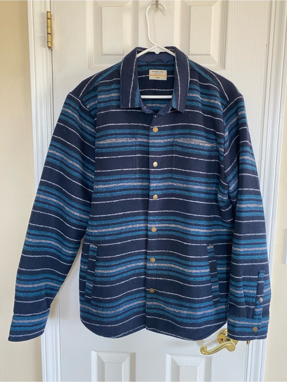 Marine Layer Navy and Teal Striped Shirt Jacket